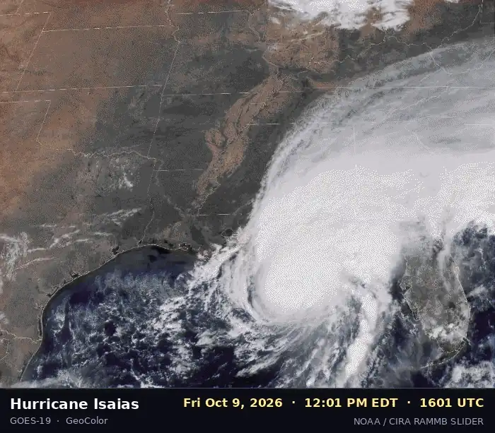 Satellite loop of Hurricane Isaias making landfall near Destin, Florida, on October 9, 2026
